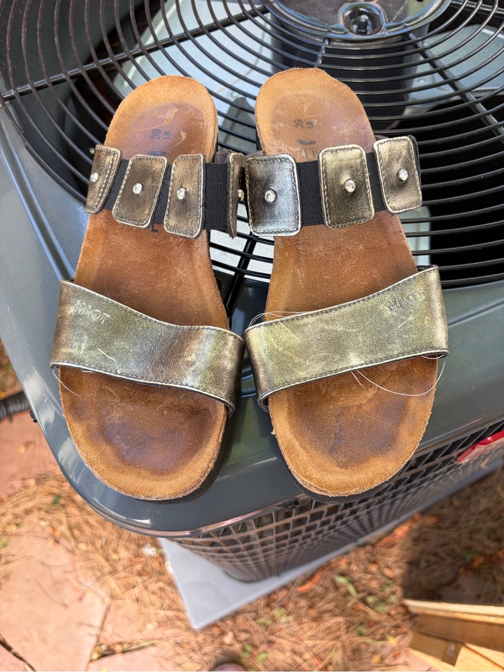 Naot Metallic Bronze Slide Sandals with Studded Strap